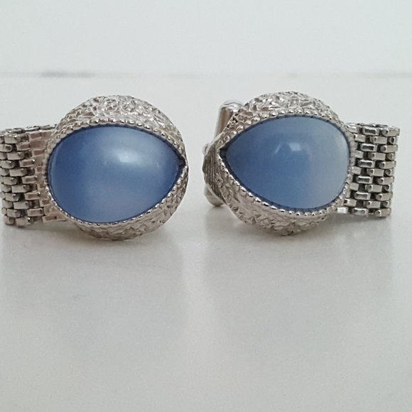 Cufflinks Vintage Swank Moonglow Cat's Eye Silvertone Metal Mesh Wrap** - Picture 2 of 10